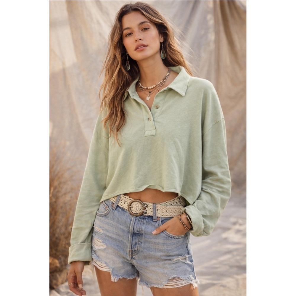 NWT OAT Anthropologie Top Polo Sweatshirt Collar Fairy Boho Green Women's Size L - Picture 1 of 8